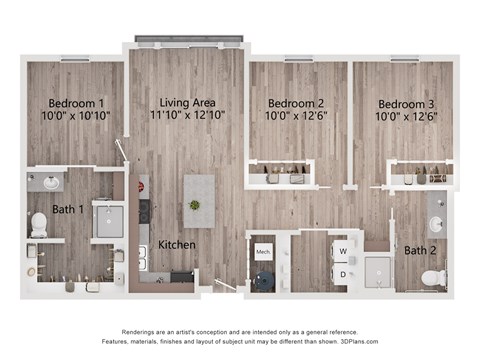 Floor plan for 3 beds, 2 baths, 1086 sqft